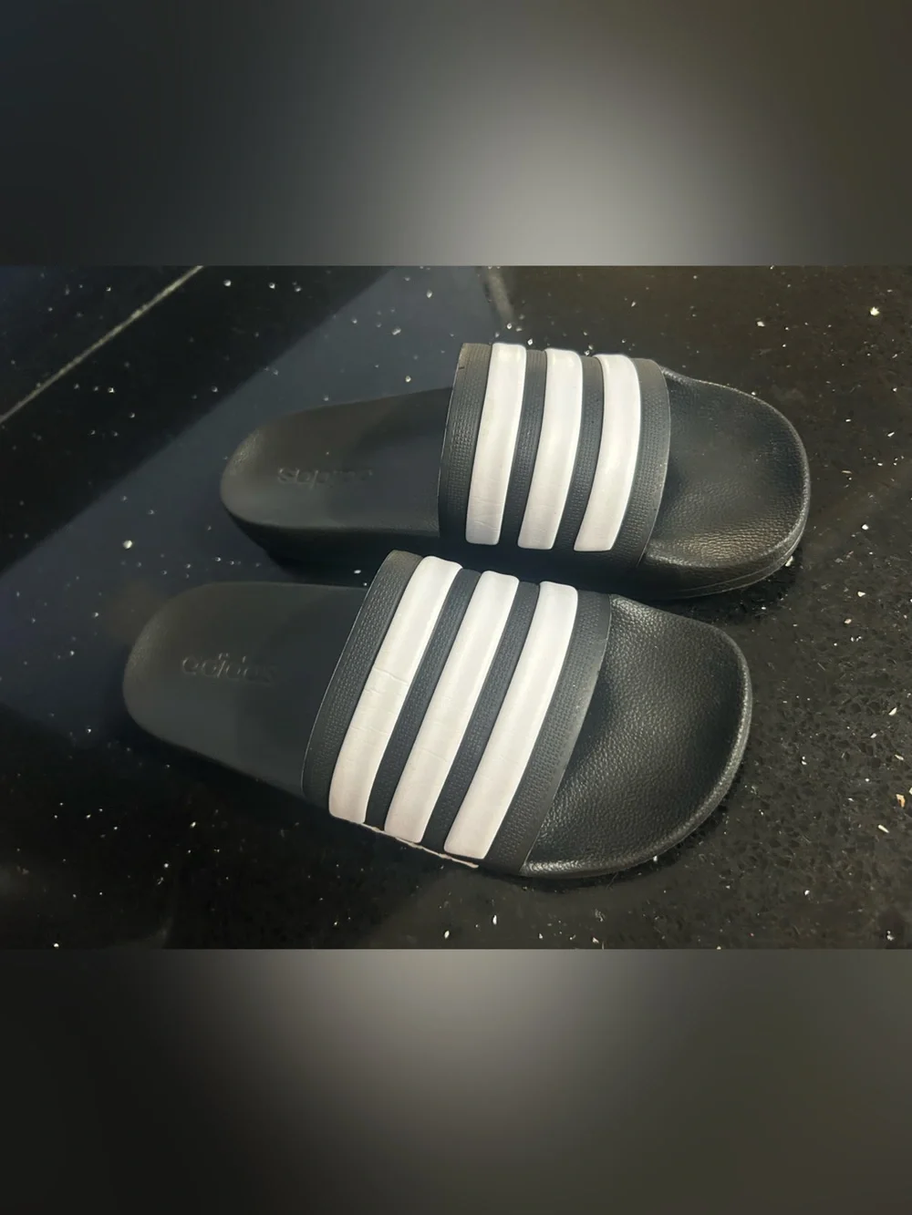 Adidas Black Slides with White Three-Stripes Size 8 EUC